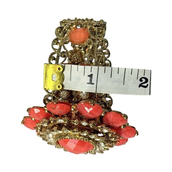 Pink And Orange Rhinestone Heart Flower Clamp Statement Bracelet 6.7" VTG - Picture 12 of 12